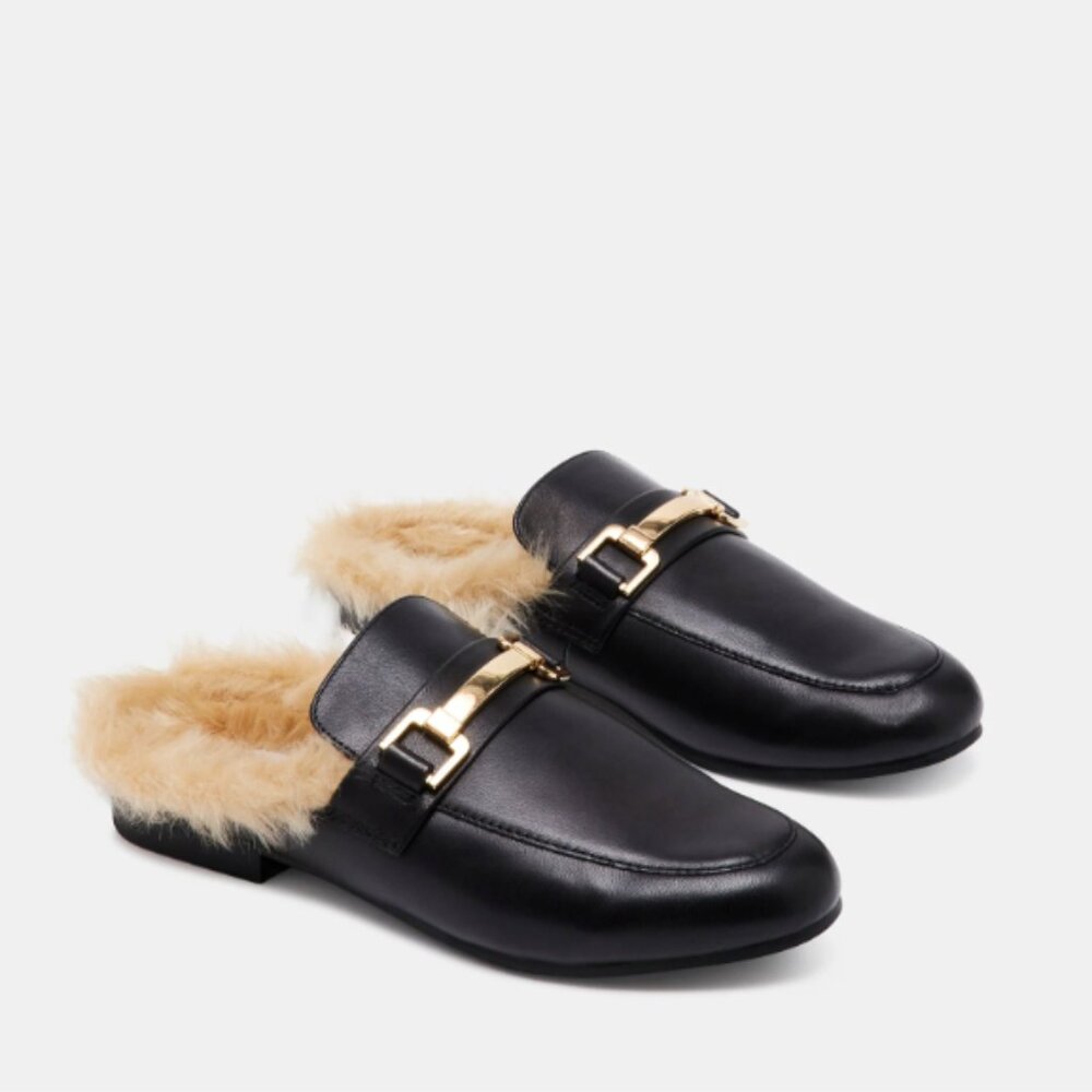Pre-Owned Women's Steve Madden Mule Loafers, Fur Lined, Black Leather, Size 10
